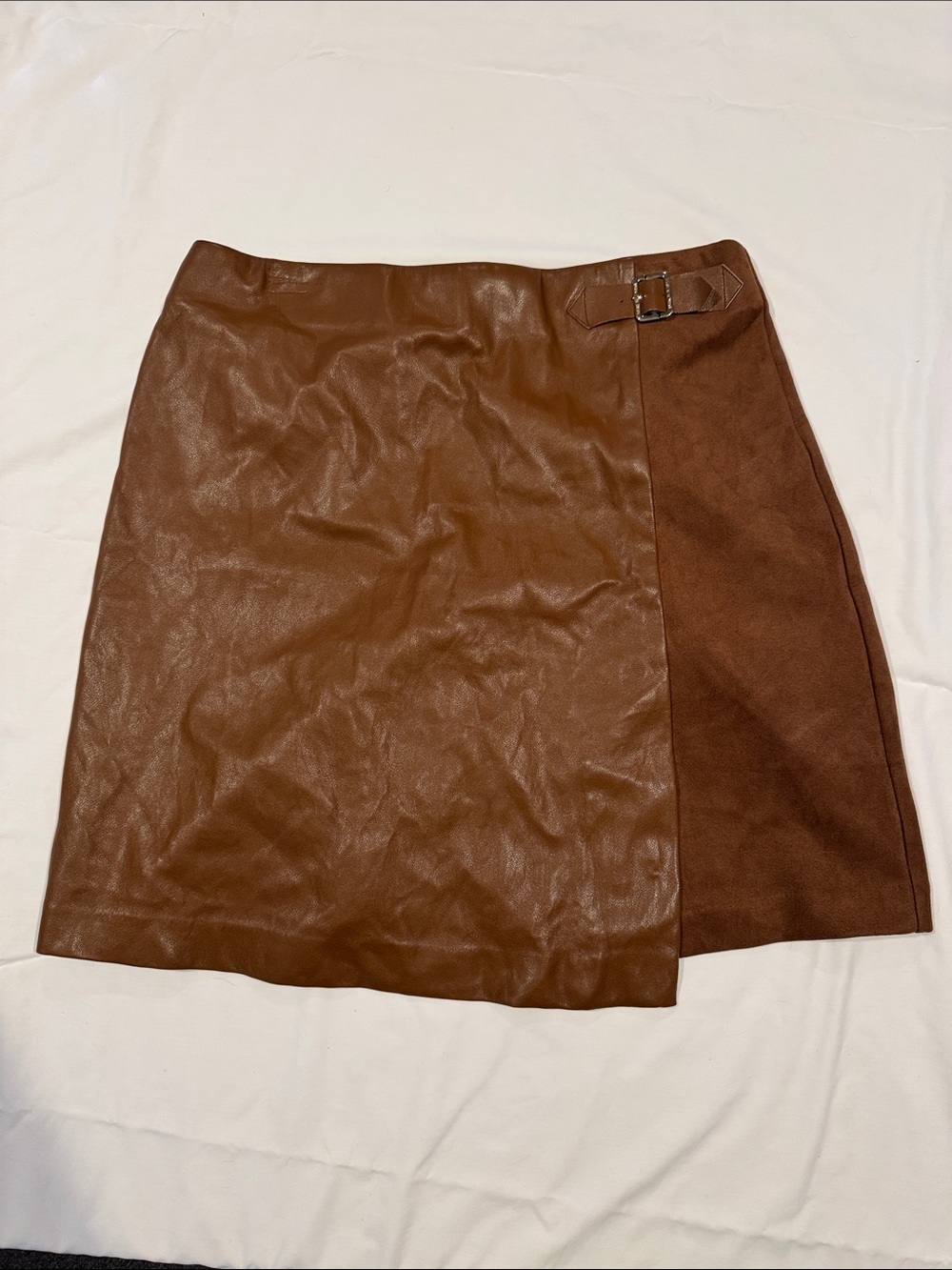 Brown Faux Leather Wrap Mini Skirt with Suede Panel 2420